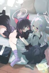 2girls ahoge animal_ears aqua_hair bag bead_hairband black_hair black_jacket black_necktie blue_archive blush cat_ears cat_tail chewing closed_mouth colored_inner_hair from_above fur-trimmed_gloves fur_scarf fur_trim gloves hair_ornament halo highres hug jacket kazusa_(blue_archive) kazusa_(halloween)_(blue_archive) looking_at_viewer lying makihitsuji multicolored_hair multiple_girls necktie on_stomach pink_hair pleated_skirt purple_eyes purple_socks red_eyes reisa_(blue_archive) school_bag school_uniform serafuku shirt sitting skirt socks star_(symbol) star_hair_ornament tail thighs torn_clothes torn_skirt white_hair white_halo white_shirt white_skirt yuri