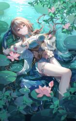1girl absurdres aqinorz bare_legs brown_hair flower green_eyes hair_between_eyes highres honkai:_star_rail honkai_(series) long_hair ruan_mei_(honkai:_star_rail) solo tagme thigh_strap