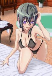 00s 1girl ahoge armpits bare_shoulders bedroom blush breasts covered_erect_nipples green_hair highres kannagi_itsuki kneeling nipples open_mouth purple_eyes sideboob sora_wo_kakeru_shoujo sweat wet wide_hips