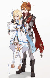 1boy 1girl bare_shoulders black_gloves blonde_hair dress earrings flower genshin_impact gloves hair_between_eyes hair_flower hair_ornament highres jewelry lifting_person lumine_(genshin_impact) mask mask_on_head open_mouth orange_hair q_(oshikuraq) short_hair short_hair_with_long_locks sidelocks simple_background single_earring smile tartaglia_(genshin_impact) white_background white_dress white_flower yellow_eyes