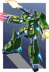 Rule 34 | firing, full armor alex, gatling gun, glowing, glowing eyes, gun, gundam, gundam 0080, gundam alex, highres, kin-san (sasuraiga), mecha, mecha focus, missile pod, mobile suit, no humans, robot, science fiction, shield, shoulder cannon, v-fin, weapon, yellow eyes