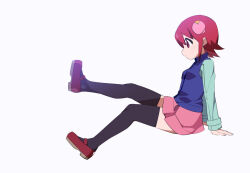Rule 34 | 1girl, black thighhighs, blue shirt, blue vest, brown eyes, from side, full body, invisible chair, kaidou zx, mayl sakurai (mega man), mega man (series), mega man battle network (series), miniskirt, pink skirt, red hair, shirt, simple background, sitting, skirt, solo, thighhighs, vest, white background