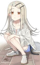 1girl blonde_hair flat_chest full_body gakuen_idolmaster highres idolmaster jacket long_hair looking_at_viewer lvetica open_clothes open_jacket orange_eyes parted_lips shinosawa_hiro short_shorts shorts solo squatting