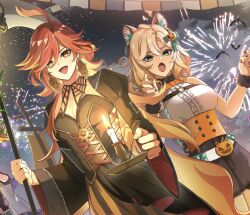 2girls alternate_costume animal_ears black_dress blonde_hair breasts candle cleavage dress earrings fang fireworks genshin_impact green_eyes hair_between_eyes highres jaguar_ears jaguar_girl jewelry long_hair long_sleeves looking_at_viewer mavuika_(genshin_impact) multiple_girls open_mouth outdoors red_eyes red_hair shiba_(tonari_no_shiba_inu) sky smile standing star_(sky) starry_sky xilonen_(genshin_impact)