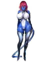 1girl aiz_gunafari arms_at_sides blue_eyes blue_skin breasts colored_skin covered_navel dairoku_ryouhei elbow_gloves full_body gloves gluteal_fold grey_thighhighs hair_between_eyes highres large_breasts leotard looking_at_viewer mizunoto_seiryuu multicolored_hair purple_hair red_hair solo streaked_hair tail thighhighs