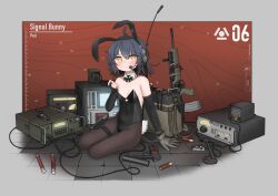 1girl absurdres ammunition animal_ears bare_shoulders belt black_bow black_bowtie black_leotard black_pantyhose blush bow bowtie breasts bridal_gauntlets cable character_request cleavage collarbone copyright_request covered_navel detached_collar fake_tail gloves grey_hair gun handgun headset highres leotard looking_at_viewer microphone on_floor pantyhose playboy_bunny rabbit_ears rabbit_tail radio short_hair single_glove sitting solo srtdrawart tail thigh_belt thigh_strap tile_floor tiles weapon weapon_request yokozuwari