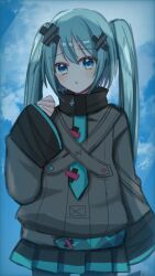 1girl absurdres aqua_eyes aqua_hair batsu_miku black_skirt blush grey_jacket hair_between_eyes hair_ornament hatsune_miku highres jacket kowareta_sekai_to_utaenai_miku long_hair long_sleeves looking_at_viewer miniskirt open_mouth pleated_skirt project_sekai saki_(syauki1119) skirt solo turtleneck turtleneck_jacket twintails very_long_hair vocaloid wide_sleeves x_hair_ornament