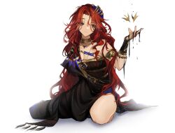 1girl armlet black_dress black_liquid breasts choker cleavage closed_mouth dress full_body green_choker green_eyes hair_ornament hand_up highres jewelry kneeling long_dress long_hair oversaltedcat red_hair reverse:1999 single_bare_shoulder single_off_shoulder solo sophia_(manus_vindictae)_(reverse:1999) sophia_(reverse:1999) white_background