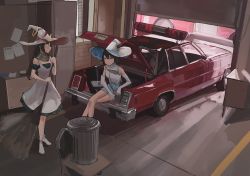 2girls absurdres apron black_hair blue_eyes broom brown_eyes car car_trunk closed_mouth commentary_request dress elbow_gloves garage gloves green_dress hat highres holding holding_broom long_hair looking_at_viewer motor_vehicle multiple_girls original police_car shoes short_hair sitting sleeveless sleeveless_dress smile trancemana trash_can vehicle_request white_apron white_dress white_footwear white_headwear witch witch_hat