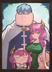 Rule 34 | 1boy, 1girl, aura (sousou no frieren), blue eyes, blue hair, blue tunic, braid, breasts, cloak, commentary, cosplay, crossed arms, demon girl, demon horns, dress, english commentary, family, family guy, green dress, half-closed eyes, hand on another&#039;s head, highres, himmel (sousou no frieren), himmel (sousou no frieren) (cosplay), horns, if they mated, kowai (iamkowai), large breasts, long hair, peter griffin, purple hair, quad braids, smile, smug, sousou no frieren, stewie griffin, tunic, upper body, white cloak