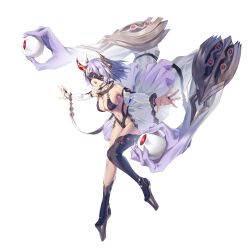 1girl absurdres asymmetrical_legwear blindfold boots bracelet breasts bridal_gauntlets collar disembodied_hand elbow_gloves extra_arms extra_eyes full_body gloves highres jewelry medium_breasts navel open_mouth original platform_boots purple_hair revealing_clothes showgirl_skirt single_thighhigh solo thighhighs white_background zhu_fun
