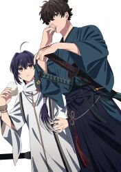 1boy 1other ahoge amulet androgynous black_hair black_hakama blue_kimono braid command_spell fate/samurai_remnant fate_(series) food green_eyes hair_intakes hair_over_one_eye hair_over_shoulder hakama hand_on_own_hip highres holding holding_food japanese_clothes katana kimono long_sleeves miyamoto_iori_(fate) onigiri orange_eyes sidelocks simple_background single_braid standing sword topknot uzura_(uzrtamago) weapon white_background wide_sleeves yamato_takeru_(fate)