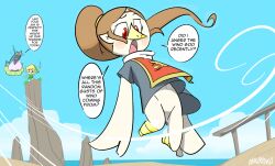 1girl 2boys animal beach beak belt blonde_hair blue_dress blush boots brown_belt brown_hair cloud conductor_baton dangerking11 dress embarrassed flying frog grass green_hat green_tunic hat headband holding_baton link long_hair long_sleeves medli multiple_boys navel nintendo no_panties no_pussy ocean open_mouth pointy_ears ponytail red_eyes red_tabard rito rock sand shield short_hair short_sleeves sitting sky speech_bubble standing surprised tabard the_legend_of_zelda the_legend_of_zelda:_the_wind_waker toon_link tunic water wind wind_lift wind_waker_(object) wings yellow_boots zephos_(zelda)