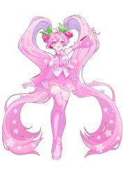 1girl :3 :d absurdly_long_hair absurdres ahoge arm_at_side arm_up bare_shoulders boots breasts cherry_hair_ornament collared_shirt commentary_request crossed_bangs detached_sleeves double-parted_bangs flower food-themed_hair_ornament frilled_shirt_collar frills full_body hair_between_eyes hair_ornament hatsune_miku headphones headset highres holding holding_flower legs_together long_hair long_sleeves looking_at_viewer medium_breasts miniskirt nail_polish necktie open_mouth outstretched_arms pink_boots pink_eyes pink_flower pink_hair pink_nails pink_necktie pink_petals pink_skirt pink_sleeves pink_trim pleated_skirt raised_eyebrows sakura_miku shiina_(user_ecjx4545) shirt simple_background skirt sleeveless sleeveless_shirt smile solo standing thigh_boots thighhighs tie_clip twintails very_long_hair vocaloid white_background white_shirt zettai_ryouiki