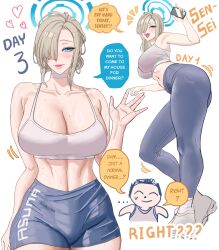 1boy 1girl ass asuna_(blue_archive) bare_shoulders biratwo blonde_hair blue_archive blue_eyes blue_halo blush bra breasts choker cleavage collarbone commentary doodle_sensei_(blue_archive) grey_pants grey_shorts groin hair_bun hair_over_one_eye halo highres holding holding_phone large_breasts long_hair midriff mole mole_on_breast navel pants parted_lips phone sensei_(blue_archive) shoes shorts smile sports_bra tight_clothes tight_pants underwear waving white_bra white_shoes