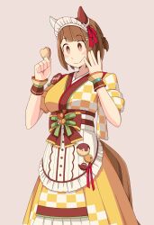 1girl absurdres animal_ears blush breasts brown_eyes brown_hair closed_mouth collarbone commentary_request cookie food hair_ornament highres horse_ears horse_girl horse_tail maid maid_headdress medium_breasts medium_hair official_alternate_costume simple_background smile solo soulmaster_uwu sweat tail umamusume wa_maid white_background yukino_bijin_(tea_girl_snow_girl)_(umamusume) yukino_bijin_(umamusume)