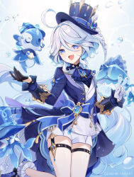 1girl 6u_(eternal_land) air_bubble asymmetrical_gloves black_gloves blue_eyes blue_gemstone blue_hair blue_hat blue_jacket bubble drop-shaped_pupils eyelash_ornament floating_hair furina_(genshin_impact) gem genshin_impact gloves grey_hair hair_between_eyes hat heterochromia highres jacket long_hair long_sleeves looking_at_viewer mismatched_gloves mismatched_pupils multicolored_hair open_mouth ouji_fashion shorts smile socks solo streaked_hair symbol-shaped_pupils thigh_strap top_hat very_long_hair wavy_hair white_gloves white_shorts white_socks