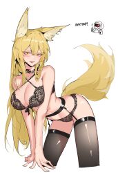 1girl absurdres animal_ears arknights bare_shoulders black_bra black_garter_belt black_panties black_thighhighs blonde_hair bra breasts cleavage commentary doctor_(arknights) earrings english_commentary facial_scar fox_ears fox_girl fox_tail garter_belt highres implied_extra_ears indonesian_commentary jewelry khrnnfz large_breasts lingerie lips long_hair mixed-language_commentary neck_tattoo panties scar scar_on_cheek scar_on_face solo tail tattoo thighhighs underwear vulpisfoglia_(arknights) yellow_eyes