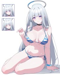 1girl bikini blue_archive breasts halo halterneck highres inset large_breasts long_hair mechanical_halo navel noa_(blue_archive) purple_eyes reia_76 side-tie_bikini_bottom simple_background solo string_bikini striped_bikini striped_clothes swimsuit white_background white_hair white_halo
