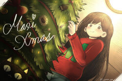 1girl animal axl_sevens black_cat black_eyes black_hair blue_pants blush bow bright_pupils cat christmas_ornaments christmas_sweater christmas_tree closed_mouth commentary cowboy_shot denim english_commentary english_text from_below hair_behind_ear hatching_(texture) highres indoors jeans long_hair long_sleeves looking_at_viewer mari_(faraway)_(omori) mari_(omori) merry_christmas mewo official_alternate_costume omocat_(style) omori pants puffy_long_sleeves puffy_sleeves pun raised_eyebrow red_sweater simple_background smile solo sparkle standing straight_hair sweater swept_bangs very_long_hair white_pupils