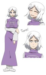 1girl blue_eyes boots breasts reference_sheet dress female_focus highres personification short_hair simple_background solo toriel undertale white_background white_hair