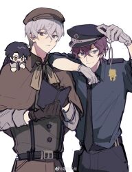 2boys ameinu belt black_necktie blue_eyes blue_shirt capelet chibi collared_shirt cuffs deerstalker detective gloves grey_hair hair_between_eyes handcuffs hat highres holding looking_at_viewer magnifying_glass male_focus multiple_boys necktie original pants police police_uniform purple_hair red_eyes shirt short_hair white_background