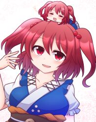 2girls :d chibi collarbone commentary commentary_request commission english_commentary hair_bobbles hair_ornament looking_at_viewer mini_person minigirl mixed-language_commentary multiple_girls obi on_head onozuka_komachi open_mouth person_on_head red_eyes red_hair sash shiohachi short_sleeves simple_background skeb_commission smile touhou two_side_up white_background
