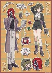 1boy 1girl absurdres aleph_(reverse:1999) alternate_costume arm_behind_head arm_up bag beret black_mask black_sweater boots border brown_boots brown_border brown_coat brown_hair brown_shoes character_name chibi chibi_inset coat covered_face cup dice envelope facing_viewer full_body gloves green_eyes green_jacket green_shorts grey_hat hand_up hands_up hat highres holding holding_notebook jacket long_hair merlin_(reverse:1999) mole mole_under_eye mossi_(mossi0816) notebook open_clothes open_coat open_jacket orange_background pants parted_lips plaid_background polyhedral_dice quill recoleta_(reverse:1999) red_hair reverse:1999 shoes short_hair shorts shoulder_bag socks speech_bubble spoken_character standing sweater tag the_idealist_(reverse:1999) twitter_username white_gloves white_pants white_socks white_sweater