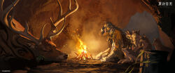 1boy amputee basket beard black_gloves blood bloody_knife brown_hair brown_jacket brown_pants campfire cave copyright_name copyright_notice curly_hair deer facial_hair fingerless_gloves fire from_side gloves hair_ornament hand_on_own_forehead hand_on_own_head highres holding holding_knife jacket kneeling knife logo long_hair male_focus mature_male missing_limb mustache night night_sky official_art pants profile rain reverse:1999 robe shaman shamane sidelighting sky solo tassel tassel_hair_ornament very_long_hair white_robe wide_shot wolf