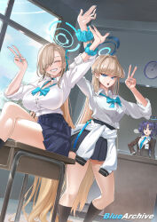 Rule 34 | 3girls, :o, asuna (blue archive), asuna (school uniform) (blue archive), black halo, black suit, blonde hair, blue archive, blue bow, blue bowtie, blue eyes, blue hair, blue halo, blue nails, blue necktie, blue skirt, blush, bow, bowtie, breasts, closed eyes, clothes around waist, crossed legs, formal clothes, grin, hair over one eye, hair ribbon, halo, hand on own hip, highres, jacket, jacket around waist, large breasts, locked arms, long hair, looking at viewer, mechanical halo, multicolored hair, multiple girls, name tag, necktie, open mouth, pleated skirt, purple hair, ribbon, s87074877, scrunchie, shirt, sitting, sitting on table, skirt, sleeves rolled up, smile, streaked hair, suit, thighs, toki (blue archive), toki (school uniform) (blue archive), two side up, v, very long hair, white jacket, white shirt, wrist scrunchie, yuuka (blue archive)