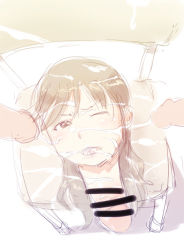 1girl borusen brown_eyes brown_hair censored cum dickneck disembodied_head medium_hair mito_kumi one_eye_closed penis pointless_censoring tongue tongue_out what