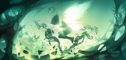 1girl artist_logo artist_name barefoot breasts creature firefly_(honkai:_star_rail) from_side full_body green_theme highres honkai:_star_rail honkai_(series) insect_wings logo long_hair medium_breasts nude plant shade_of_a_cat silhouette solo vines wings