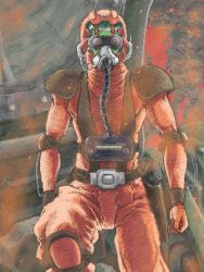 1boy belt chirico_cuvie gas_mask goggles jumpsuit lowres male_focus mask orange_jumpsuit pilot_suit solo soukou_kihei_votoms ymr