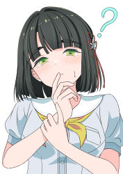1girl ? absurdres black_hair blue_dress blunt_bangs blunt_ends bob_cut breast_pocket breasts closed_mouth commentary_request dress flower flower_knot frown green_eyes hair_flower hair_ornament hasu_no_sora_school_uniform highres kara_iroha link!_like!_love_live! love_live! medium_breasts momose_ginko neckerchief pocket puffy_short_sleeves puffy_sleeves sailor_collar sailor_dress school_uniform short_hair short_sleeves simple_background solo summer_uniform sweatdrop upper_body virtual_youtuber white_background white_flower white_sailor_collar yellow_neckerchief