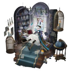 1girl artist_request black_gloves blue_hair book cage candle carpet desk dress drill_hair faux_figurine floating flower frilled_dress frills game_cg girls&#039;_frontline girls&#039;_frontline_neural_cloud globe gloves helix_(neural_cloud) highres looking_at_viewer magnifying_glass official_alternate_costume official_art on_floor open_book potion quill red_eyes shelf solo stairs third-party_source transparent_background window
