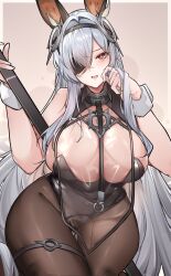 Rule 34 | 1girl, absurdres, animal ears, azur lane, black leotard, breast curtain, breasts, brown pantyhose, eyepatch, fake animal ears, fritz rumey (azur lane), fritz rumey (schwarzes kaninchen) (azur lane), grey hair, highres, huge breasts, kive, leotard, long hair, looking at viewer, official alternate costume, open mouth, pantyhose, playboy bunny, red eyes, see-through breast curtain, solo, thigh strap, very long hair, white wrist cuffs, wide hips, wrist cuffs