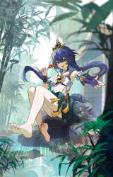 1girl :d absurdres anklet baka_(yinghuo11) bamboo bamboo_forest bare_legs bare_shoulders barefoot bracelet breasts bridal_gauntlets chinese_clothes choker commentary detached_sleeves feet forest hair_between_eyes hair_ornament hairclip headpiece highres holding holding_skewer honkai:_star_rail honkai_(series) jewelry knees_together_feet_apart legs long_hair looking_at_viewer low_twintails nail_polish nature open_mouth outdoors purple_hair red_nails reflection reflective_water river rock sitting skewer smile soles solo stomach tanghulu teeth thigh_strap toenail_polish toenails toes twintails upper_teeth_only white_sleeves yellow_eyes yunli_(honkai:_star_rail)