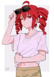 1girl :| ahoge alternate_costume androgynous arm_up border brown_shorts closed_mouth clothes_grab collarbone denim denim_shorts drill_hair expressionless eyewear_on_head flat_chest grey_background groin hair_between_eyes highres kasane_teto liar_dancer_(synthesizer_v) navel one_eye_closed outside_border red_eyes red_hair sato_(r017xts117) shirt shirt_grab short_sleeves shorts solo sunglasses sweat sweaty_clothes twin_drills upper_body utau very_sweaty white_border white_shirt