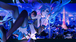 1girl absurdly_long_hair absurdres black_border black_skirt black_sleeves blue_eyes blue_hair blue_nails blue_theme border building chromatic_aberration city city_lights cityscape collared_shirt commentary detached_sleeves falling floating_hair hair_between_eyes hair_ornament hatsune_miku headphones headset highres lace lace-trimmed_shirt lace_trim light long_hair looking_up nail_polish night night_sky open_mouth outdoors outside_border own_hands_together pleated_skirt rumoon shirt sidelocks skirt sky solo tattoo teikoku_shoujo_(vocaloid) tokyo_(city) tokyo_tower twintails very_long_hair vocaloid white_shirt