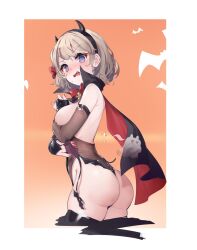 1girl @_@ areola_slip ass azur_lane bat_background black_cape black_gloves black_hairband black_leotard blush border breast_hold breasts cape commentary cowboy_shot cropped_legs elbow_gloves fake_horns fang gloves hairband halloween_costume highres horns kaede_(yumesaki_kaede) large_breasts leotard light_brown_hair looking_at_viewer looking_back open_mouth orange_background purple_eyes short_hair simple_background solo symbol-only_commentary two-sided_cape two-sided_fabric wardrobe_malfunction white_border z23_(azur_lane)