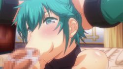1boy 1girl :&gt;= animated animated_gif aqua_eyes aqua_hair bikini blush bra breasts censored cheek_bulge fellatio fingerless_gloves gloves hands_on_another&#039;s_head hetero irrumatio large_breasts micro_bikini oral paizuri penis rance rance_(series) rance_01 saliva shiny_skin short_hair swimsuit underwear yulang_mirage
