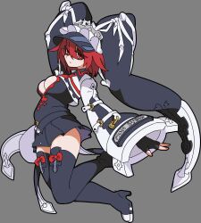 Rule 34 | 1girl, black boots, black dress, black gloves, black hat, boots, breasts, closed mouth, dress, fingerless gloves, full body, gloves, guilty gear, guilty gear 2, hat, high heel boots, high heels, highres, jacket, jester cap, kekeken, long sleeves, looking at viewer, medium breasts, red eyes, red hair, short hair, solo, thigh boots, valentine (guilty gear), white jacket, wide sleeves