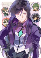 Rule 34 | 1girl, 4boys, ?, allelujah haptism, artist name, black gloves, brown hair, chibi, chibi inset, commentary, eyepatch, genderswap, genderswap (mtf), glasses, gloves, green eyes, gundam, gundam 00, heterochromia, hinoe (right-hnxx03), jacket, light frown, lockon stratos, long hair, long sleeves, looking at viewer, lyle dylandy, multiple boys, neil dylandy, open clothes, open jacket, purple hair, red eyes, setsuna f. seiei, short hair, tieria erde, twitter username