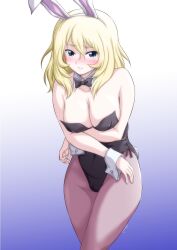 Rule 34 | 1girl, alternate costume, animal ears, black bow, black leotard, blonde hair, bow, breasts, embarrassed, fake animal ears, girls und panzer, highres, large breasts, leotard, long hair, looking at viewer, oshida (girls und panzer), pantyhose, playboy bunny, rabbit ears, rabbit tail, simple background, solo, standing, tail, wrist cuffs, yts takana