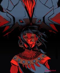 1boy aztec dark-skinned_male dark_skin facial_mark highres looking_at_viewer madboxwx mask onyx_equinox pointy_ears quetzalcoatl_(mythology) quetzalcoatl_(onyx_equinox) red_eyes snake solo