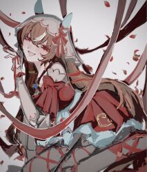 1girl animal_ears blush brown_hair commentary_request detached_sleeves fingernails hair_between_eyes hair_ornament highres horse_ears horse_girl horse_tail inui_tyan looking_at_viewer open_mouth solo still_in_love_(umamusume) string string_of_fate tail thighhighs umamusume white_background