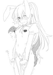 1other absurdres animal_ears blush china_dress chinese_clothes closed_mouth dress genderswap genderswap_(mtf) gold_trim half_updo hand_on_another&#039;s_ass heart_pasties heterochromia highres hong_lu_(project_moon) limbus_company liu_association_(identity)_(project_moon) long_hair neck_ribbon nervous_sweating pasties peeling project_moon puffy_short_sleeves puffy_sleeves rabbit_ears removing_pasties reverse_outfit ribbon sagara_(pixiv_94599180) short_sleeves sweat very_long_hair