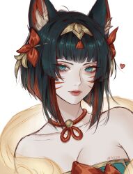1girl absurdres after_hours_spirit_blossom_springs_ahri ahri_(league_of_legends) animal_ear_fluff animal_ears artelsia artist_name bare_shoulders bell black_hair blue_eyes breasts cleavage closed_mouth facial_mark fox_ears fox_girl heart highres league_of_legends looking_at_viewer official_alternate_costume official_alternate_hairstyle red_lips red_streaks simple_background solo spirit_blossom_(league_of_legends) upper_body whisker_markings white_background