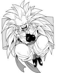 1boy \n/ baggy_pants black_footwear child cropped_vest dragon_ball gotenks greyscale legband long_hair metamoran_vest monochrome muscular muscular_male nanika_(nnkgh) no_eyebrows pants saiyan sash smile solo spiked_hair super_saiyan super_saiyan_3 tongue tongue_out very_long_hair vest white_background white_pants wristband
