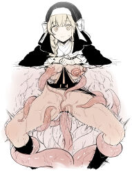 1girl absurdres black_veil bottomless braid breast_sucking breasts highres hypno_eyes kankaku_shadan long_hair long_nipples n_(m_ohkamotoh) nipple_stimulation nipples nun original pussy solo tentacle_pit tentacle_sex tentacles vaginal veil wet